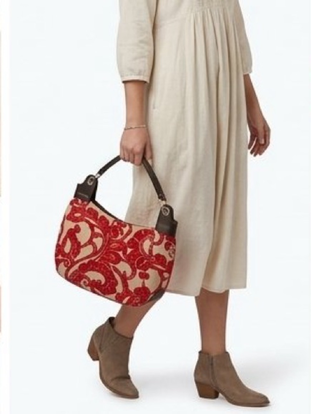 Glenda Gies Vintage Hobo Bag Red Cream Damask Jacquard Tapestry Leather Handle